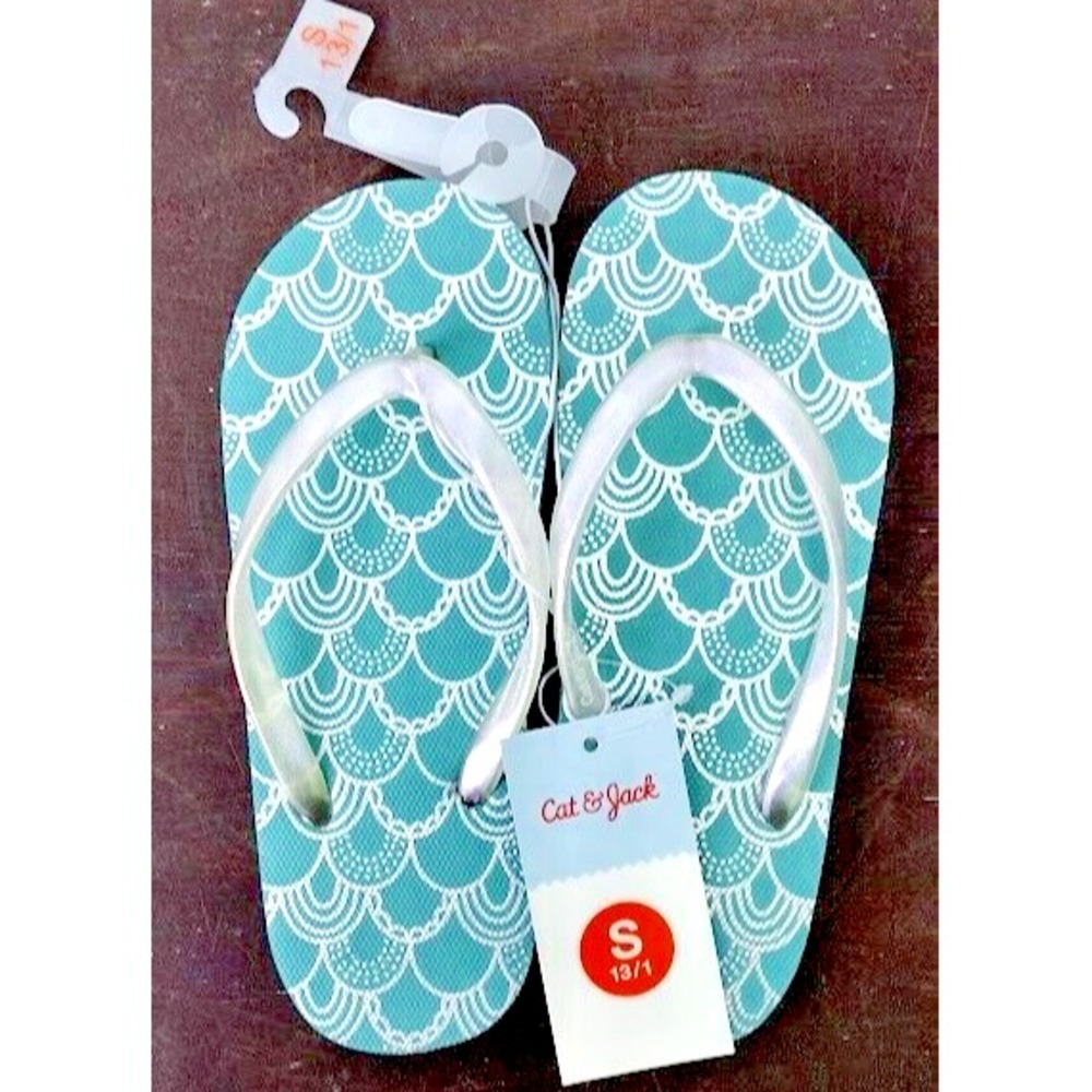 Cat and Jack Kids Flip‎ Flops Size S 13/1 Teal White Scale Print Thong Sandals